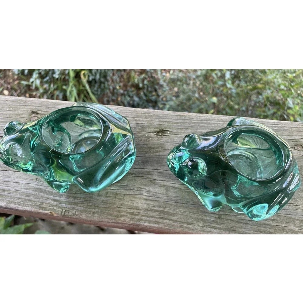 Vintage Green Indiana Glass Frog Votive Candle Holders Paperweight Lot of 2